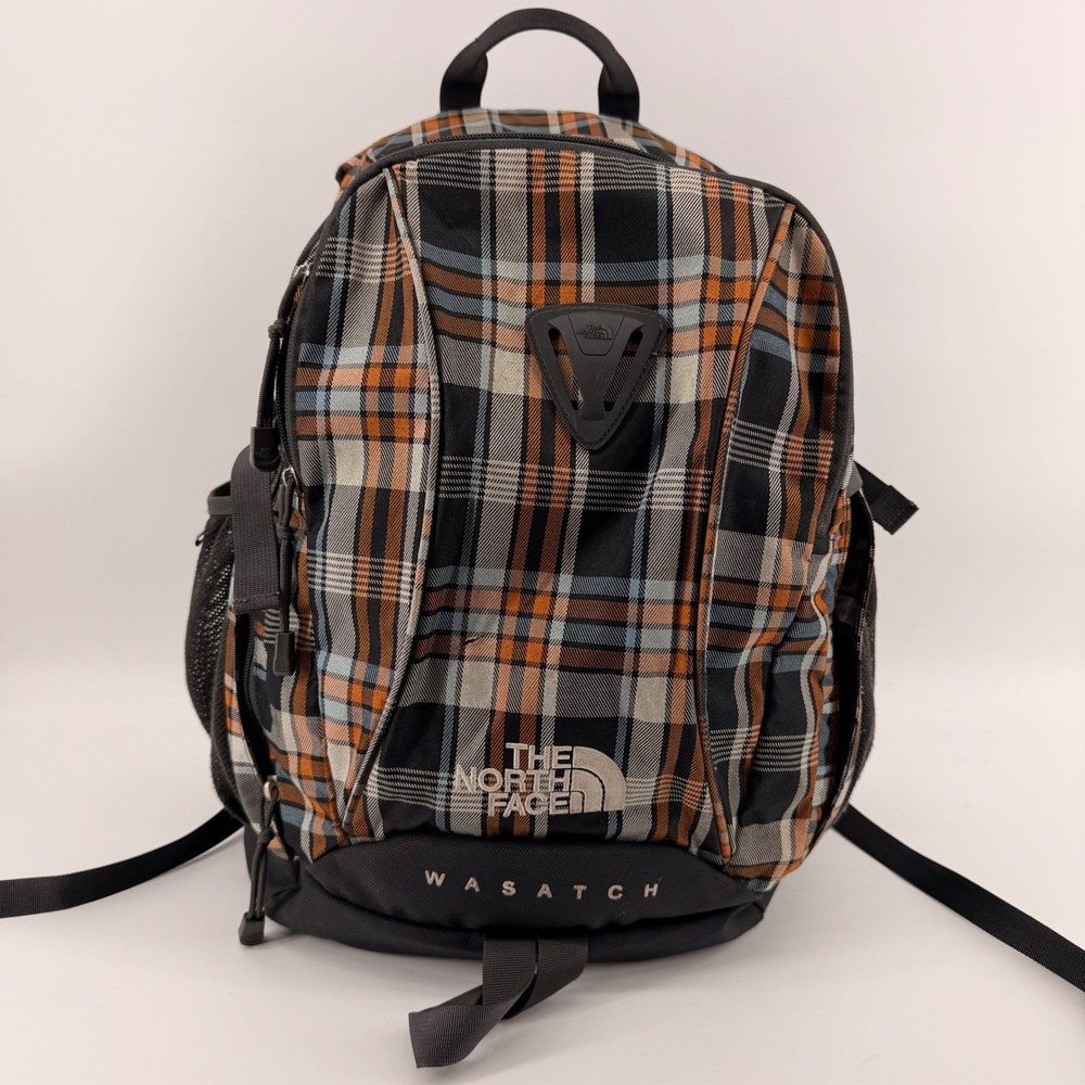 The North Face Backpack Unisex OS Orange Plaid Wasatch Daypack Hiking Bag hole